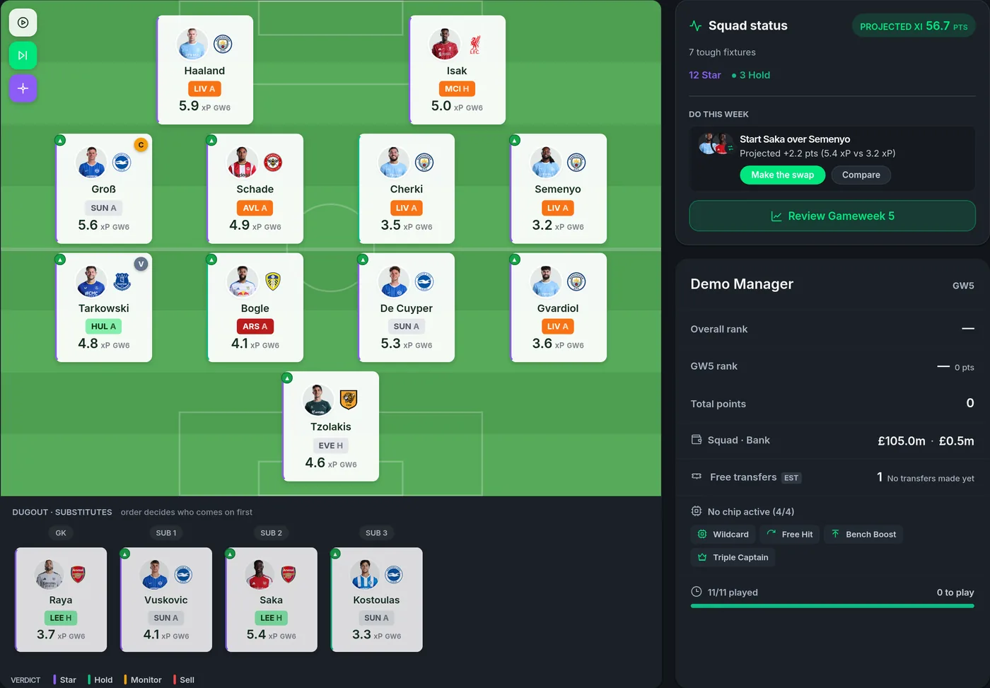 The EasyFPL pitch with a verdict on every player, beside the squad status panel.